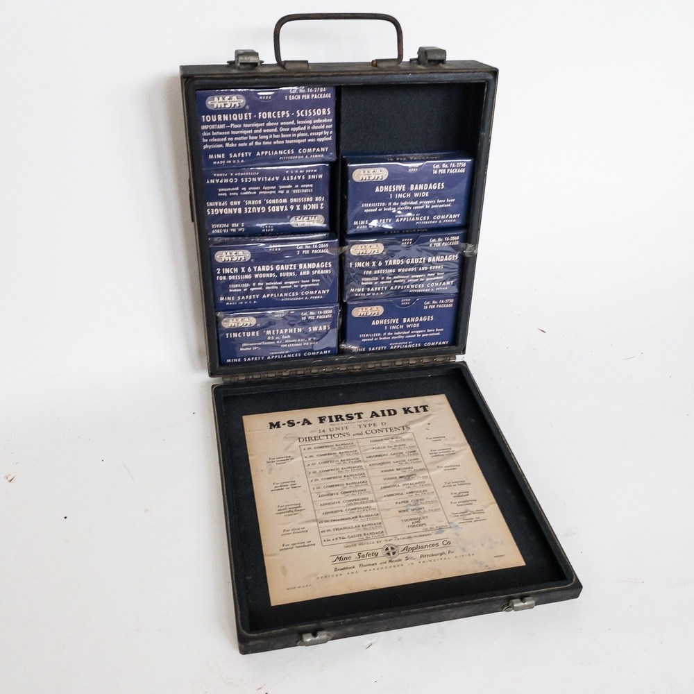 MSA First Aid Kit Black Vintage Type D Industrial Metal Case USA